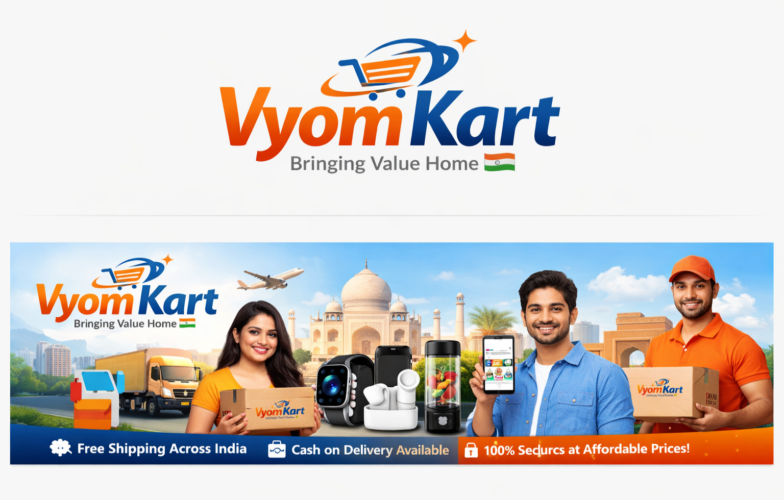 VyomKart advertisement with people holding products and a scenic background
